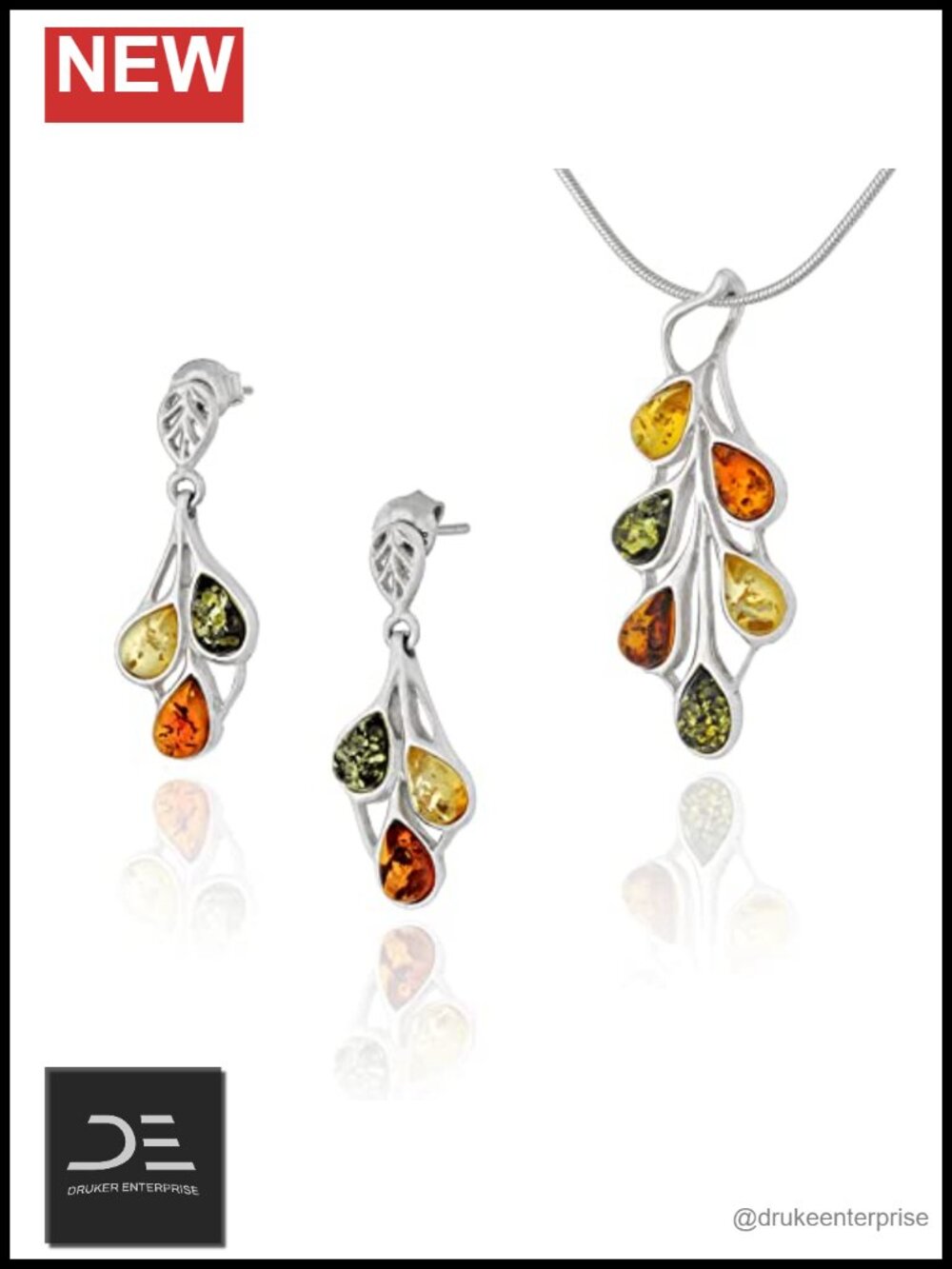 Sterling Silver Baltic Amber Pendant Necklace & Earrings Set